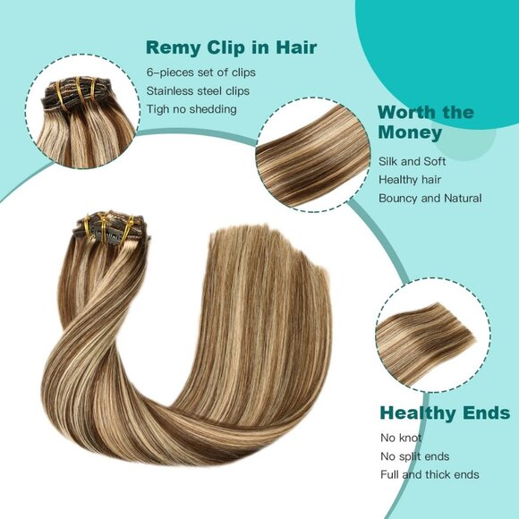 Clip in Human Hair Extensions 16 Inch Chocolate Brown & Caramel Blonde - Picture 5 of 7